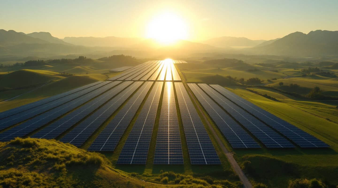 Großflächige Solaranlage im Abendlicht