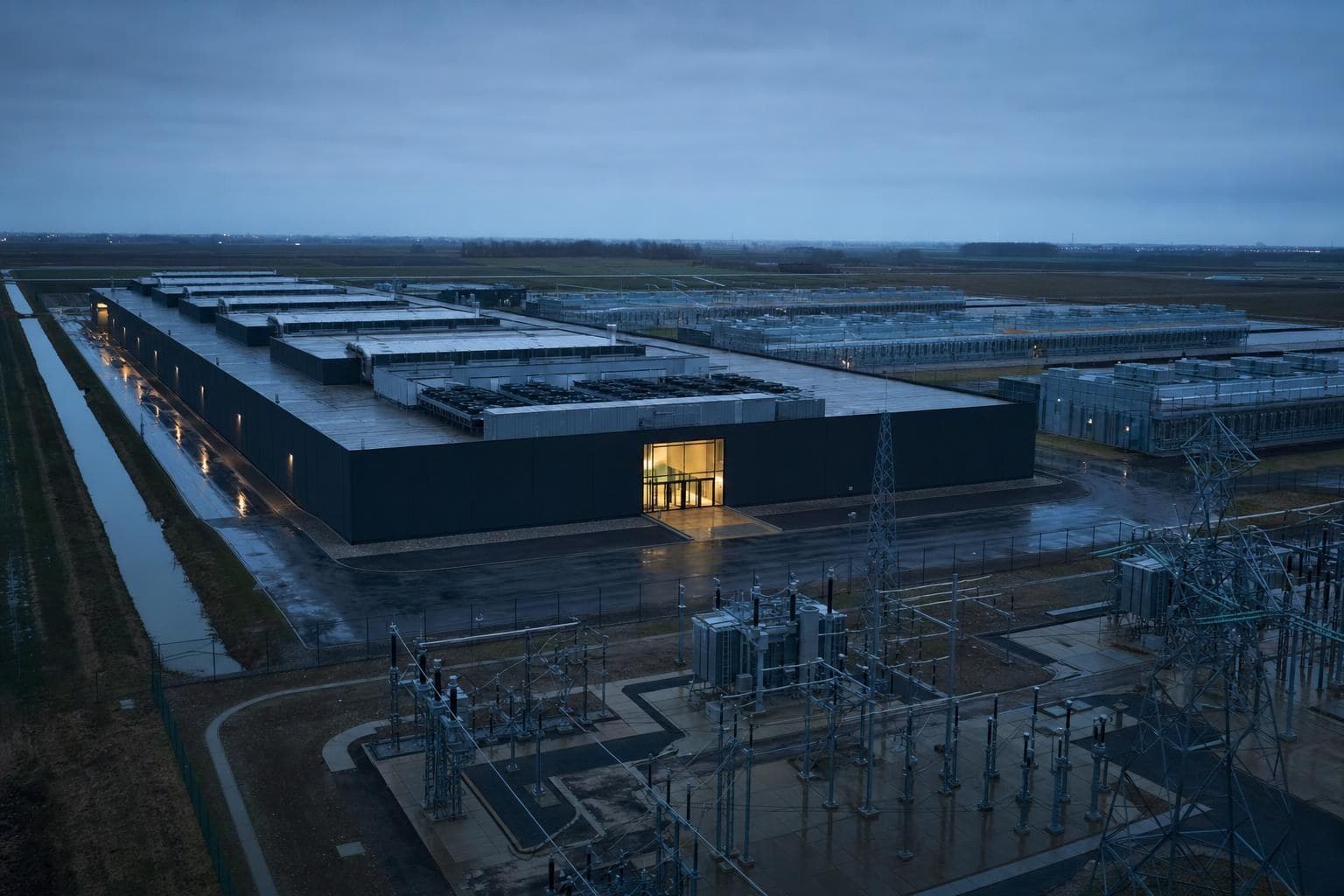 Rechenzentrumscampus in flacher Landschaft in der Abenddämmerung, im Vordergrund ein Umspannwerk